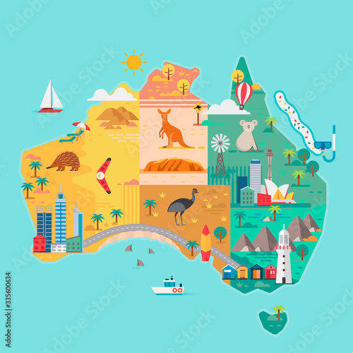 Map of Australia. Colorful landmarks.