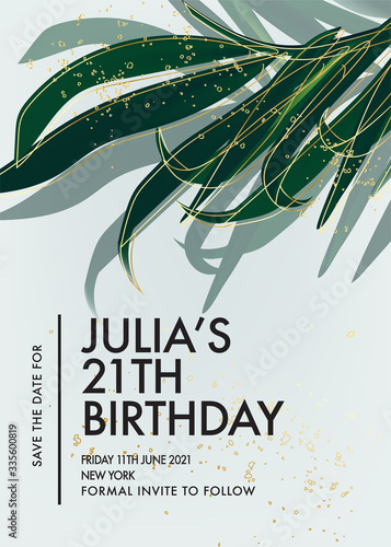 Palm leavesTropical evergreen, jungle rainforest leaf vector floral design with blue  background and lettering text in vector. Summer exotical card template with gold 