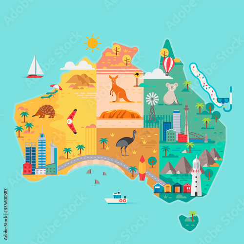 Map of Australia. Colorful landmarks.