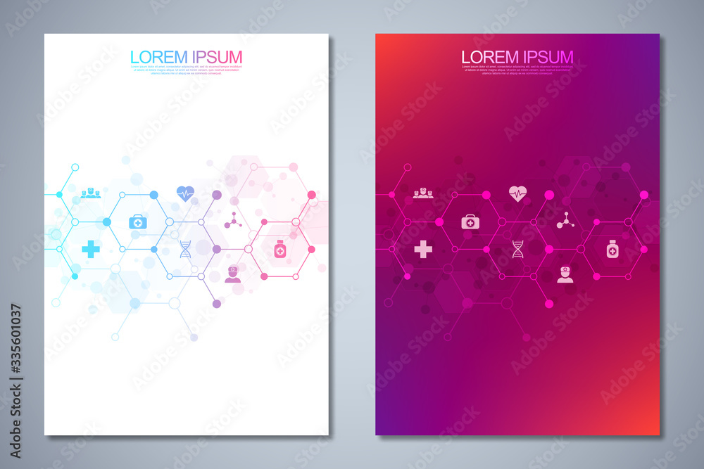 Fototapeta premium Template brochure or cover book, page layout, flyer design. Concept and idea for health care business, innovation medicine, pharmacy, technology. Medical background with flat icons and symbols.