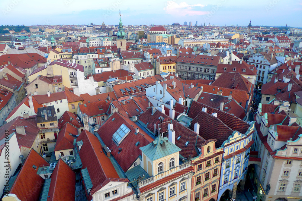 Obraz premium Eastern Europe Czech Republic Prague Street Old Town Downtown Clock Tower Bohemia Baroque Gothic Renaissance Architecture Middle Ages Houses