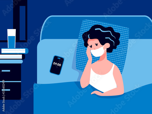Stay at home, social distancing to protect from COVID-19, coronavirus protection concept. Woman with medical respiratory mask. Quarantine, pandemic. Health care. A woman worries about her health.
