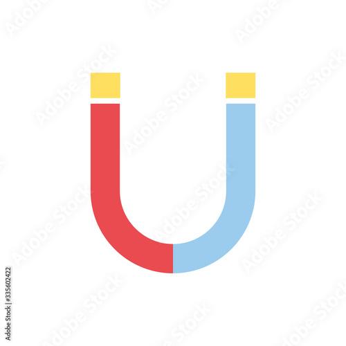 Vector illustration of magnet with magnetic power sign. Red and blue with the poles and directions of magnetic fields isolated on white background.