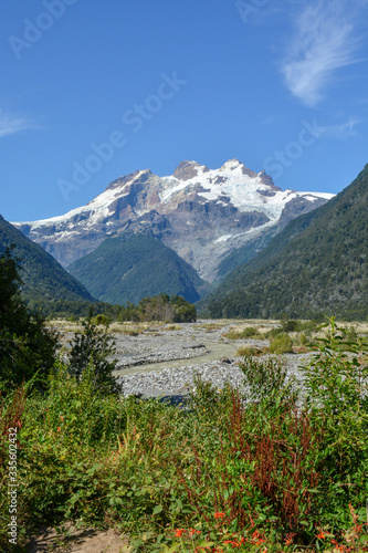 snow-capped volcano on border of Argentina and Chile in Andes mountain range of Chile