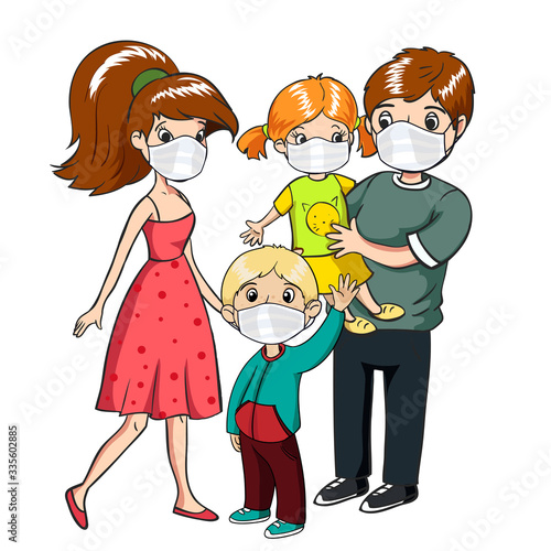 Family wearing protective masks. Coronavirus, covid-19 protection. Virus alert.