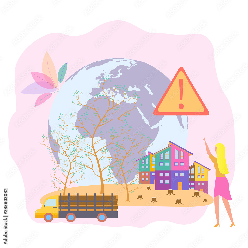 The problem of deforestation or the jungle. Animal species are disappearing. Export and sale of wood. Colorful vector illustration.