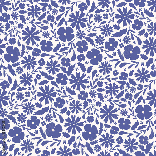 Blue scattered flowers seamless repeat vector pattern. Great for paper products and stationery such as invitations, notebooks and party items. Would be great for gift and home ware products such as