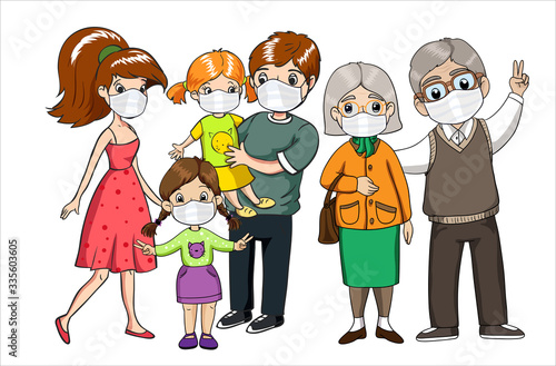 Family wearing protective masks. Coronavirus, covid-19 protection. Virus alert.
