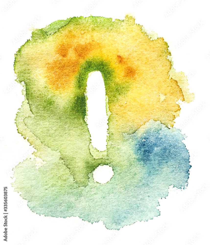 Watercolor abstract background with exclamation mark. Watercolor green yellow colorful texture.