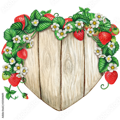 Watercolor wooden heart sign covered with strawberry branches
