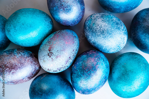 Blue easter eggs. Colored eggs for the festive table for Easter.