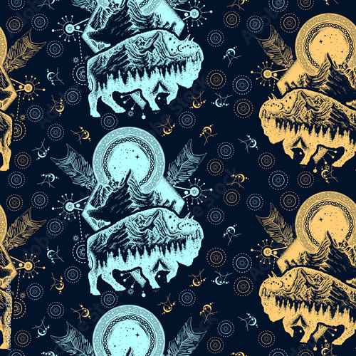 Magic tribal bison double exposure. Seamless pattern. Packing old paper, scrapbooking style. Vintage background. Medieval manuscript, engraving art. Buffalo bull travel symbol, adventure, tourism