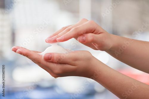 Man's hands are washed with soap. Disinfection prevention of viral diseases