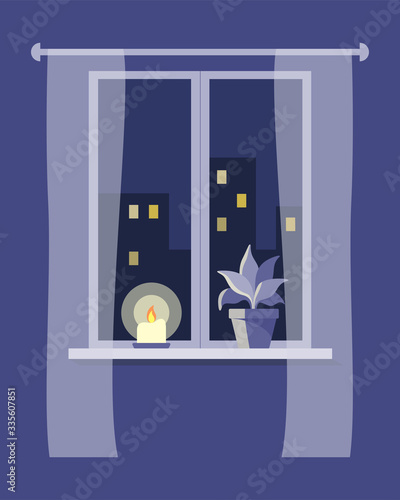 City night view from window with curtains. Stay at home after work and relax. Bedtime in cozy interior. Calm evening with candle light and plant. Flat vector illustration in dark blue colors.