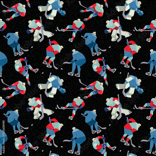 Ice Hockey seamless hand drawn pattern players and lettering.