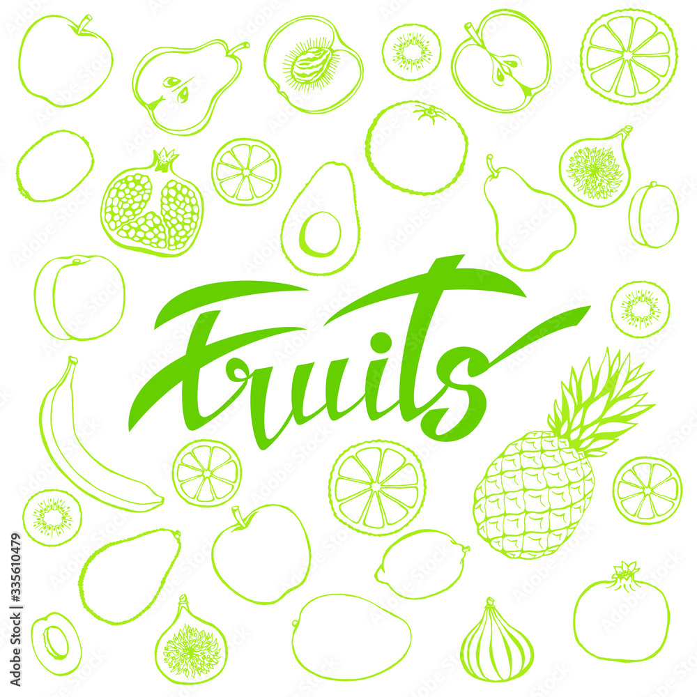 Vector background of healthy food. Poster or banner with hand-made fruit and lettering fruits. Vector background of healthy food. Poster or banner with hand-made fruit and lettering fruits.
