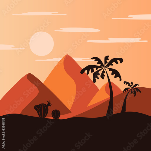 Colorful safari illustration in flat style. The nature of Africa sets for rest and summer.