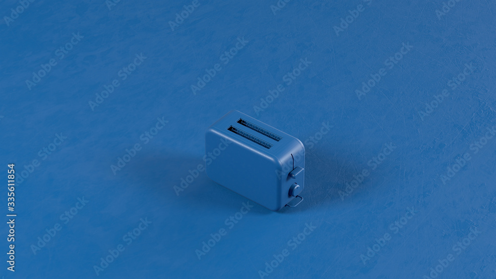 3d render of the blue toaster on a blue background. Kitchen appliances in single monochrome colors. 3d render of the blue toaster on a blue background. Kitchen appliances in single monochrome colors.