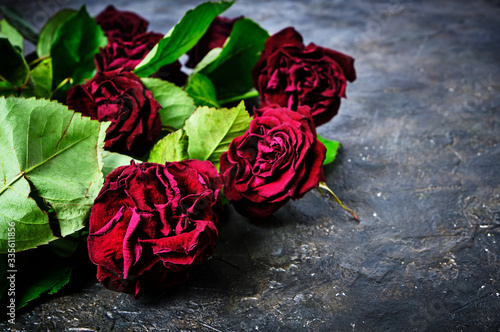 Billede på lærred Bouquet of wilted red roses is thrown on the dirty floor.