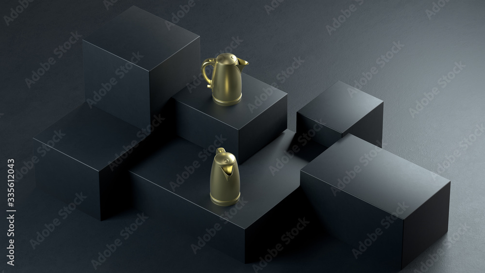 3d render abstract composition with black cubes and gold kettles on top. Kitchen appliances in single monochrome colors. 3d render abstract composition with black cubes and gold kettles on top. Kitchen appliances in single monochrome colors.