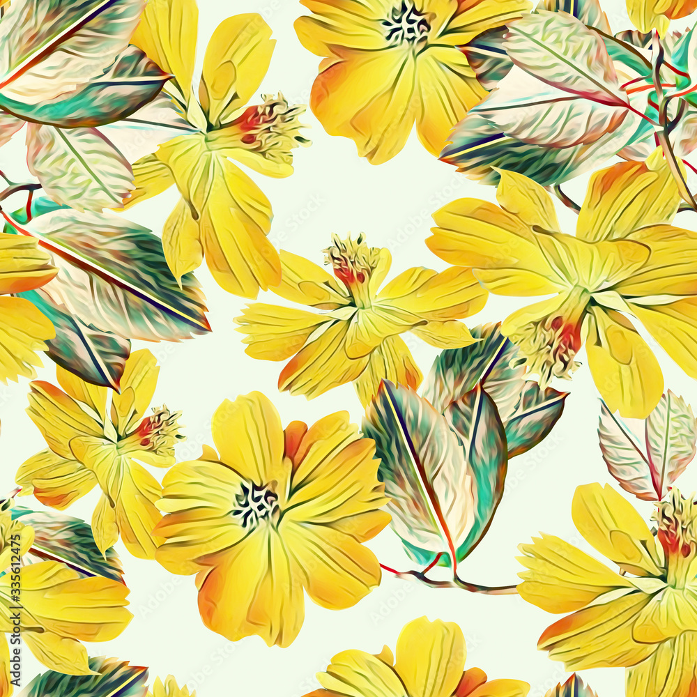 Daffodile flowers with leaves seamless pattern.