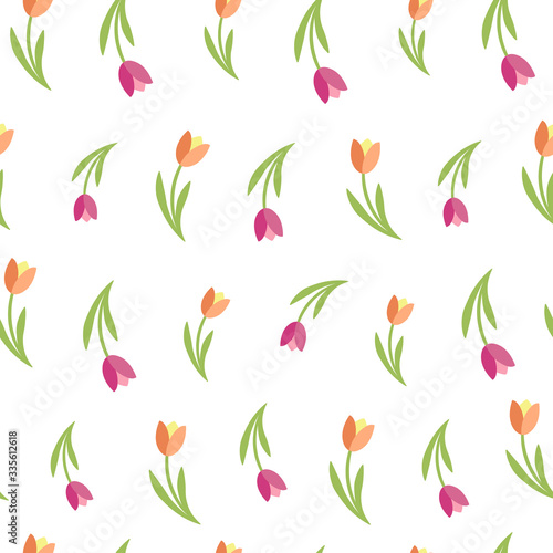 Pink and yellow Tulips Seamless Vector pattern on white background