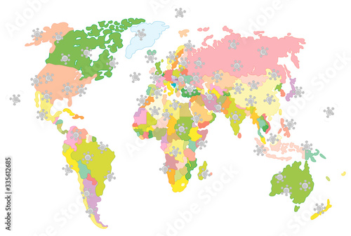 Fototapeta Naklejka Na Ścianę i Meble -  Global virus pandemic disease, spreading on a world political map, vector cartoon illustration on a white background