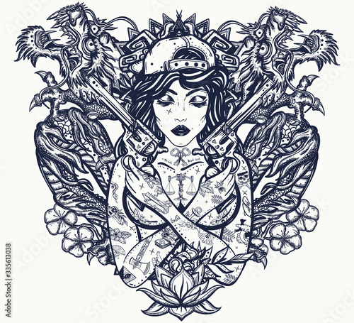 Bad girl and dragons. Chicano art. Favela art. Criminal asian style culture. Cool gangster tattooed woman in baseball cap. Swag. Hip-hop and rap lifestyle