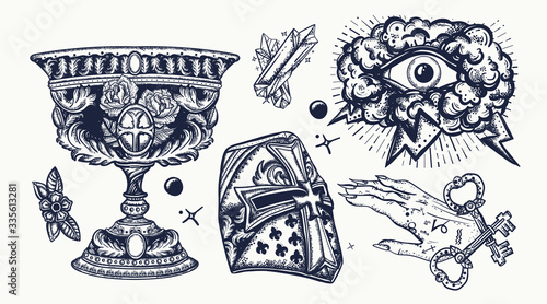 Warrior helmet, sacred holy grail, occult hands, all seeing eye. Middle age art. Traditional tattooing style. Medieval old school tattoo collection