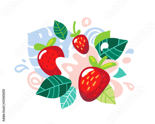 Fresh strawberry berries with juice splash. Organic food strawberries with abstract vector leaves and swirls illustration.