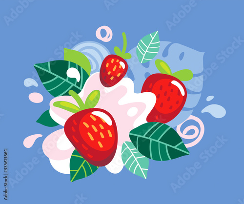 Fototapeta Naklejka Na Ścianę i Meble -  Fresh strawberry berries with juice splash. Organic food strawberries with abstract vector leaves and swirls illustration.