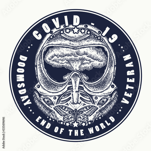 Coronavirus tattoo and t-shirt design. COVID-19. Gas mask and nuclear explosion. Doomsday. Veteran. End of the world art