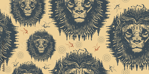 Magic lion in the night sky.  Symbol travel, tourism, adventure. Seamless pattern. Packing old paper, scrapbooking style. Vintage background. Medieval manuscript, engraving art