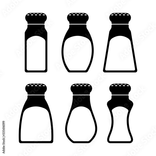 Salt shakers set. Spice bottles icons isolated on white background. Vector illustration.