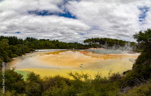 Wai-O-Tapu or Waiotapu Maori for sacred water is geothermal area in northern island of new Zealand between rotorua and taupo view of the Champagne pool