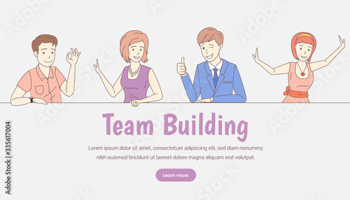 Team building web banner template. Corporate team building landing page concept.