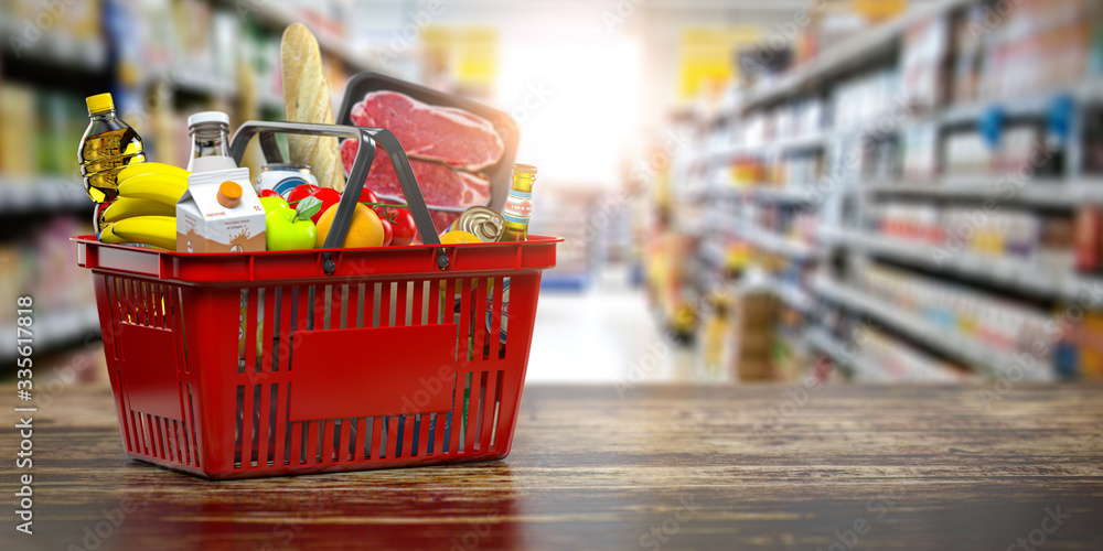 Shopping basket with fresh food. Grocery supermarket, food and eats online  buying and delivery concept. Stock Illustration | Adobe Stock