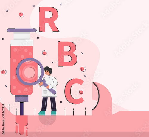 Medical scientist stand on giant arm and examine red blood cells in big syringe with magnifying glass. Concept medical science vector illustration.