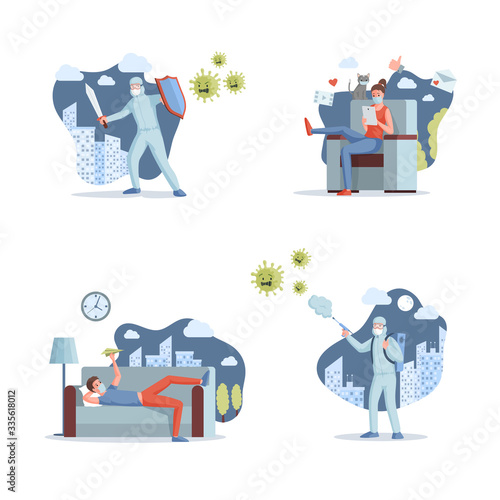 Stop COVID-19 vector flat illustration. Medical workers fighting coronavirus. People staying and working at home.