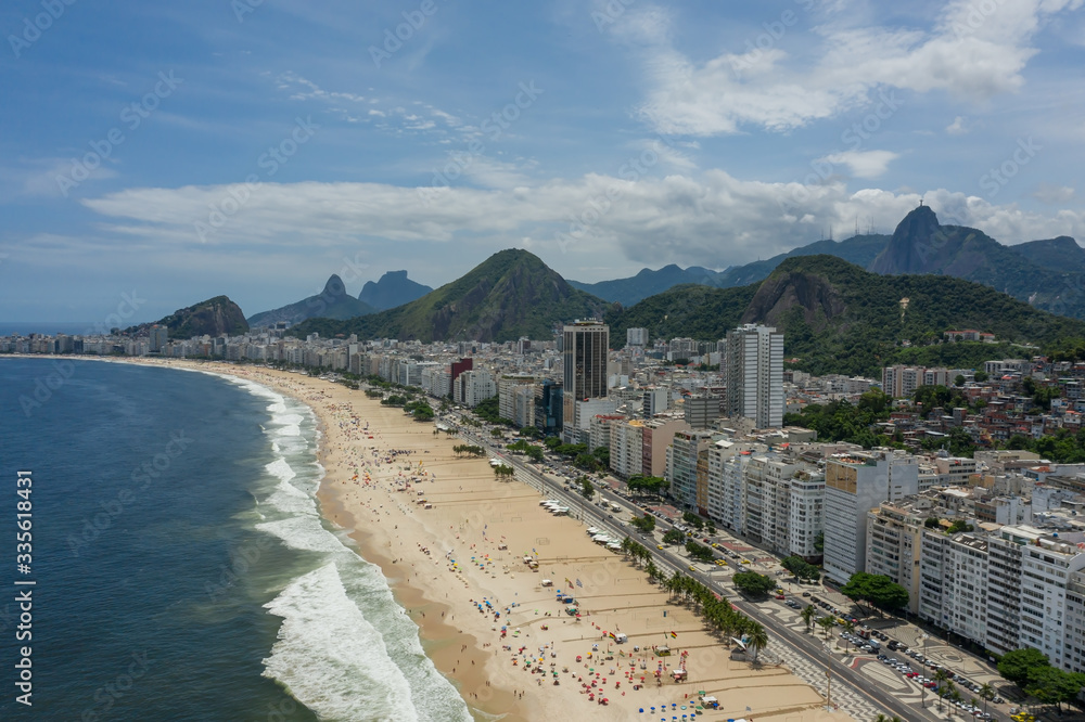 Drone shot of a Copacabana beach in Rio de Janeiro Brazil