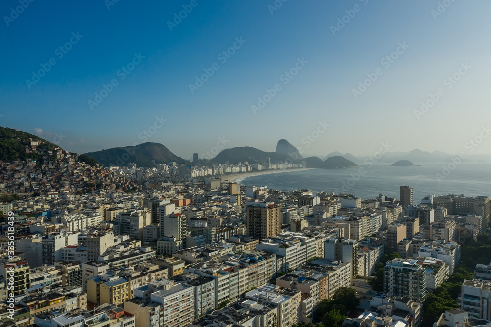 Drone panoramic view of Copacabana in Rio de Janeiro Brazil