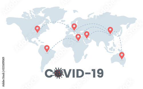 Epidemic of Covid-19 spread all over the world flat illustration. Global pandemic of coronavirus on Earth.
