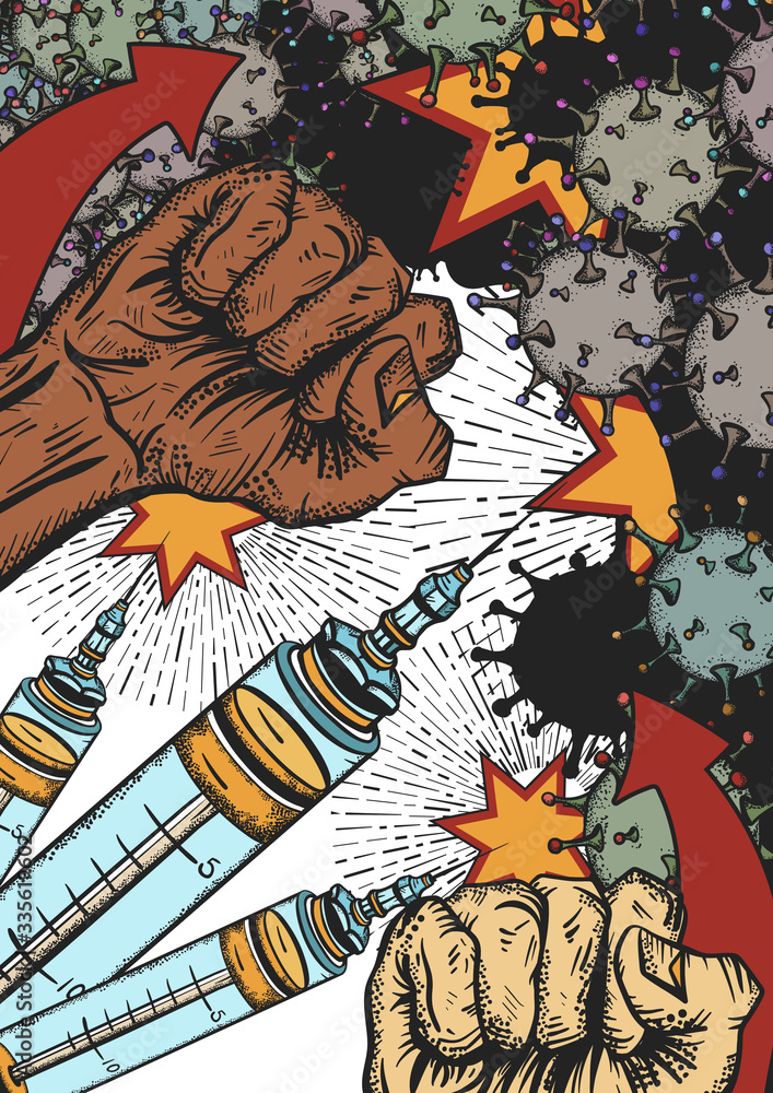 Obraz premium Coronavirus poster. Vaccine kills virus. Fist male hands. War on world pandemic. COVID-19 (2019-nCoV) art. Fight against epidemic. Propaganda art. Revolution protest print. Medical illustration