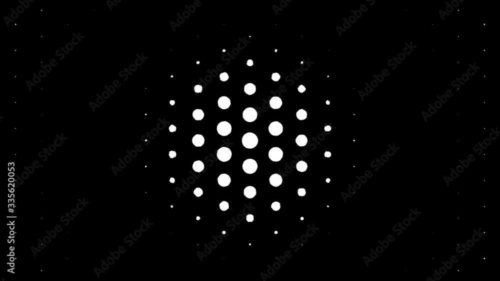 White polka dots against black background. Concentric growing circles seamless loop transition
