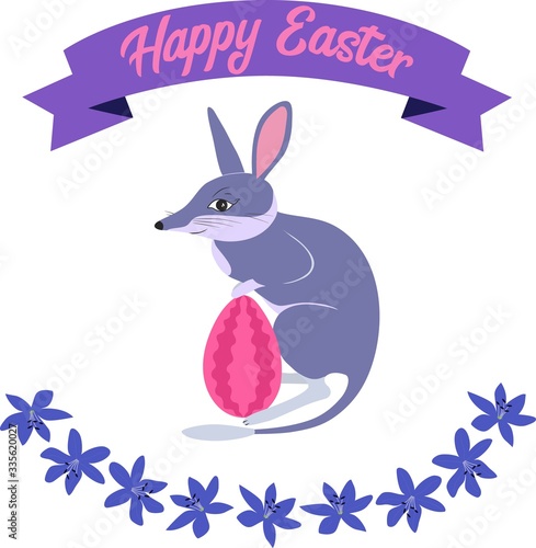 Poster with cute little easter bilby holding a pink egg decorated isolated on white background. photo