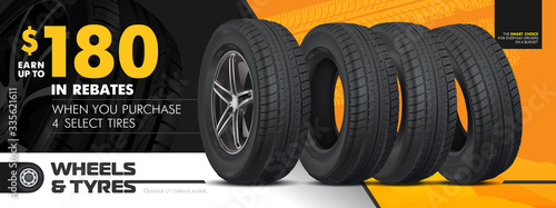 Tires car advertisement poster. Black rubber tyre. Realistic vector shining disk car wheel tyre. Information. Store. Action. Landscape poster, digital banner, flyer, booklet, brochure and web design.