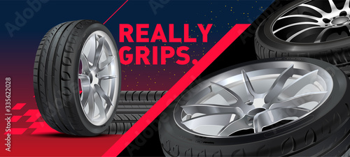 Tires car advertisement poster. Black rubber tyre. Realistic vector shining disk car wheel tyre. Information. Store. Action. Landscape poster, digital banner, flyer, booklet, brochure and web design.