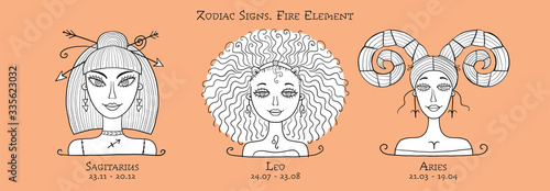 Illustration of Sagittarius, Leo, Aries zodiac sign. Element of Fire. Beautiful Girls Portrait. Coloring page For Your Design of Astrology Calendar, Horoscope, Print.