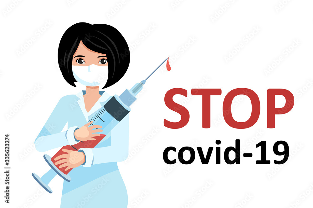 stop covid-19 Vaccination. syringe with a medicine for the pandemic of the coronavirus. Doctor makes an injection.Isolated vector illustration. stop covid-19 Vaccination. syringe with a medicine for the pandemic of the coronavirus. Doctor makes an injection.Isolated vector illustration.