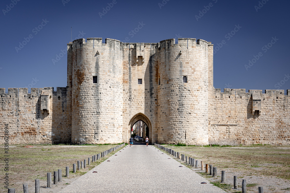 Medieval city walls of Aigues-Mortes, Languedoc Roussillon, France.